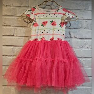 Little Girl Strawberry Print Tulle Dress - Pink & White